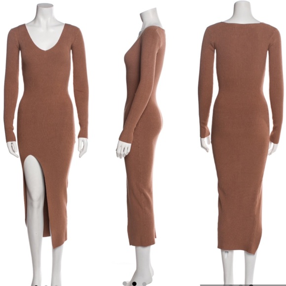 Beyoncé Self Portrait Camel Ribbed Knit Side Slit Dress - XS - Picture 5 of 5